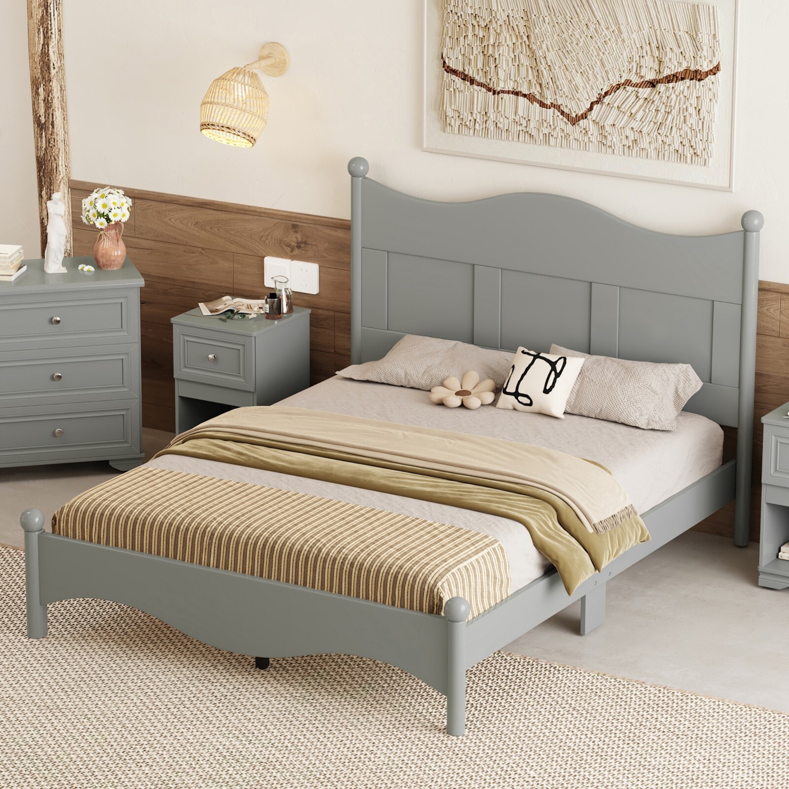 Bed Frame Queen Size 85x66.2x48 in (LxWxH) Gray Classic Design Rubber Wood-image