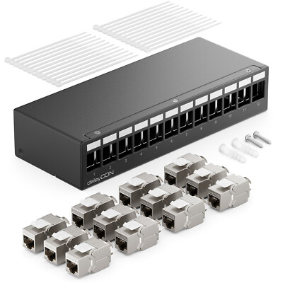 12 Port CAT7 Patchpanel Set 1 HE Patchfeld mit 12x CAT7 RJ45 Keystone Jack Modul
