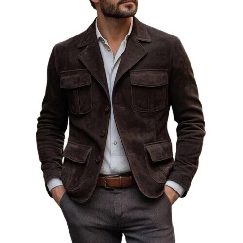 Men's New multiple pockets Genuine Lambskin Suede Expresso Dark Brown Blazer