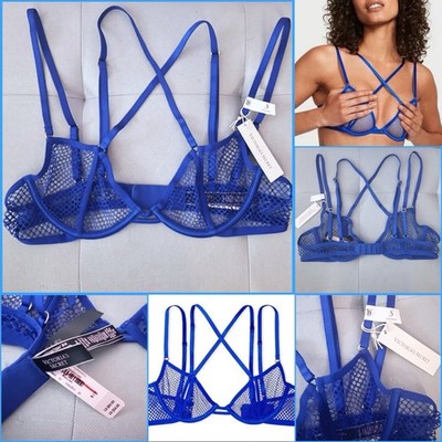 Victoria's Secret Very Sexy Strappy Fishnet Open Cup Demi Bra Blue Small $54.95
