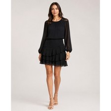 Express Black Chiffon Tiered Ruffle Mini Dress Womens Small Sheer Sleeve