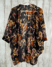 Kimono black floral chiffon Sheer Open Cardigan orange fall autumn Bohemian