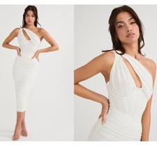 HOUSE OF CB 'Valentina' Ivory white Asymmetric Cutout Midi Dress NWOT Size S