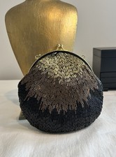 Vintage Black , Gold Bronze Beaded Evening Bag , Chain Strap, La Regale,