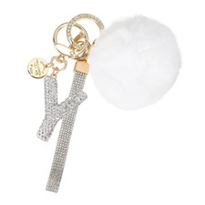 Initial Letter Y Keychain with Pom and Rhinestone Wristlet, White