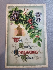 : With Hearty Christmas Wishes Holly and Lantern Postcard Germany A9