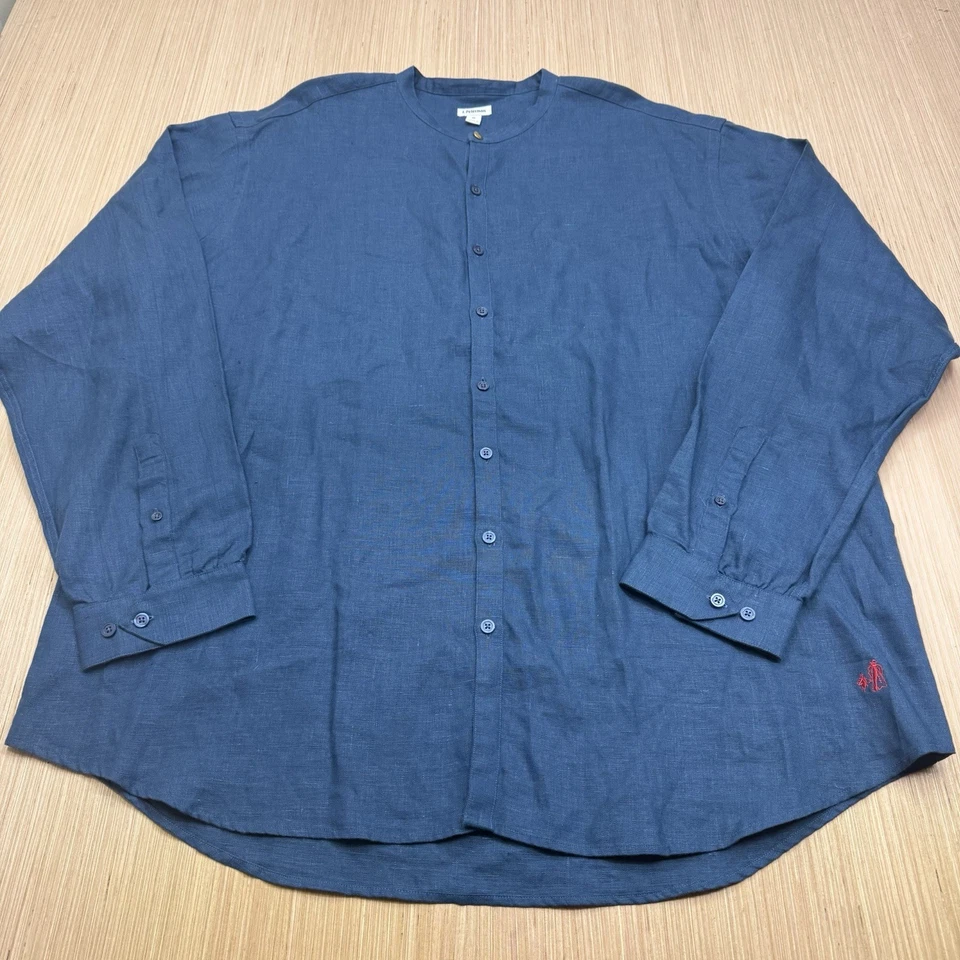 J Peterman Mens XL Blue 100% Linen Band Collar Button Up - The Gatsby Shirt - Image 2 of 4