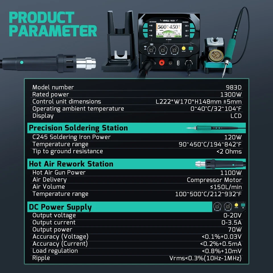 Estación de retrabajo de aire caliente YIHUA 983D BGA soplador desoldadura C245 soldadura alimentación de CC Foto 3 de 4