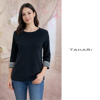 NEW Tahari Women s Black Striped Cuff Sweater Size Small