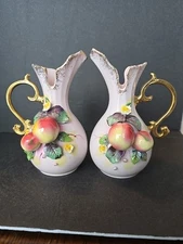 Pair Of Lefton China Porcelain Pitcher Vase Creamer Gold Accents Hand Painted 