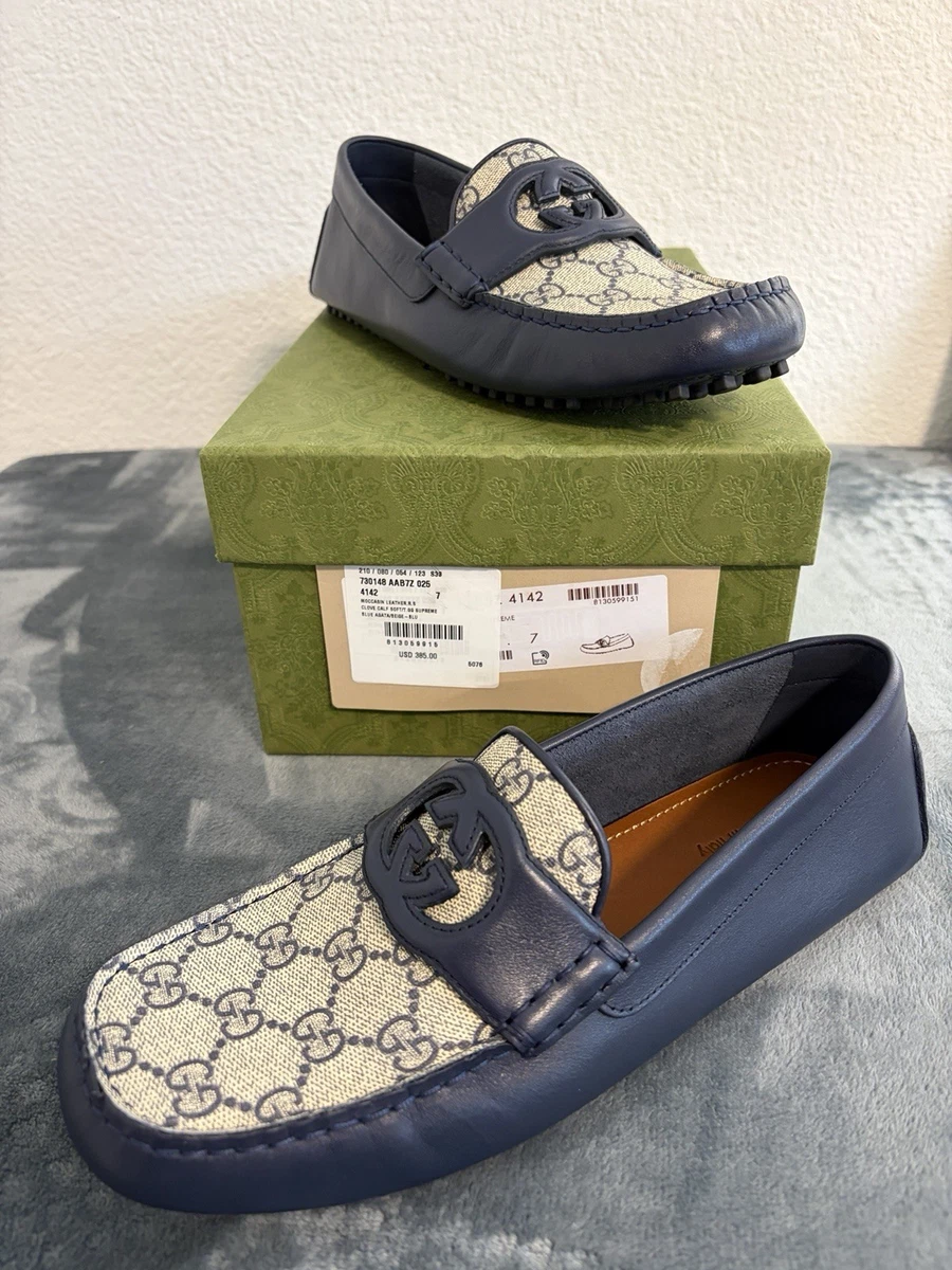 GUCCI SHOES MENS BLUE LEATHER MOCCASIN LOAFERS w HORSEBIT WEB sz 12.5G 13 Gucci Leather Upper Blue Casual Shoes for Men for sale | eBay main image 2