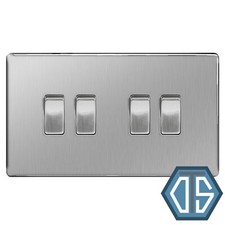 BG FBS44 Brushed Steel Satin Quad Light Switch 4 Gang 2 Way Screwless Flatplate