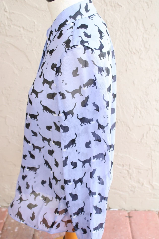 Blusa Kate Spade Gato Negro Seda Talla 6 Gatos y Azul Crema 92092 Foto 3 de 4