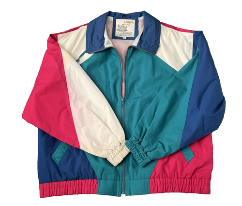 Vintage 80's London Club Jacket Bright Color Block Pockets Full Zip Size XL