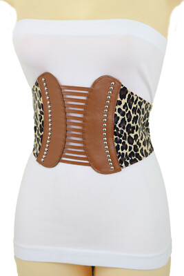 Women Wide Elastic Brown Corset Belt Waist Leopard Animal Print Strips Size  S