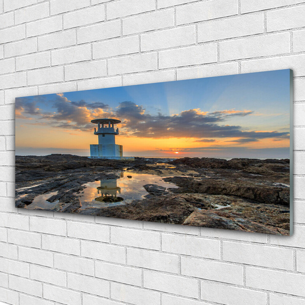 Tableau paysage phare sur verre acrylique 125x50 cm pour decoration murale de salon