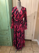 GREFIT, LONG SLEEVE, V-NECK, FIT & FLARE, MAXI DRESS WITH ELASTIC WAIST & TIE, M