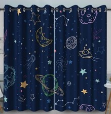 Navy Blue Space Curtains Stars Planets Galaxy Theme 26Wx63H