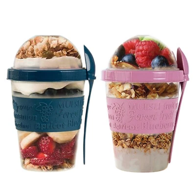 SAFRI 2X Take and Go Yoghurt Cup Cereal Breakfast Over Night Oats Container & Spoon