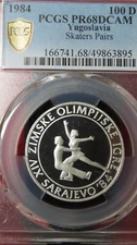 Yugoslavia 1983 Figure Skater Pairs Silver 100 Dinara  PCGS PR68 proof olympics