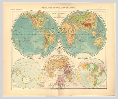 STIELER 1909 KARTE KARTE WESTERN und ÖSTLICHE HEMISPHÄRE WESTLICH ORIENTAL