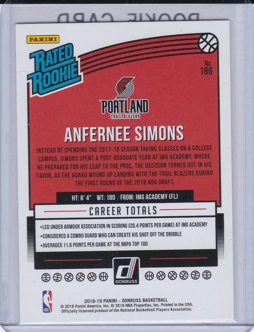 ANFERNEE SIMONS ROOKIE CARD Donruss RATED RC Portland Trail Blazers  Basketball