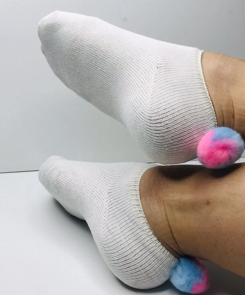 Vintage Womens Ankle Pink Blue Pom Pom Orlon Golf Bowling Socks OMG CUTE! - Image 2 of 4