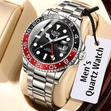 Reloj para hombre LIGE GMT cuarzo acero inoxidable impermeable cronógrafo