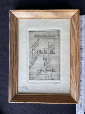 Erich Schacht Etching ''Cat Stairs'' Framed. SD53
