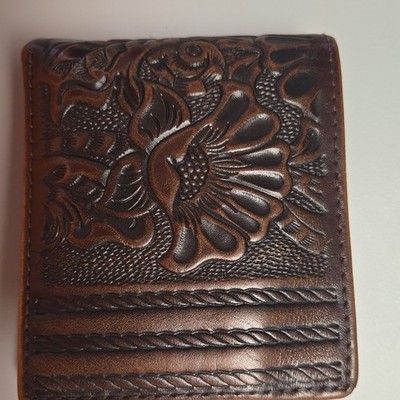 Men's Brown Bifold Wallet, Embossed Floral Tooled Design, ID Window