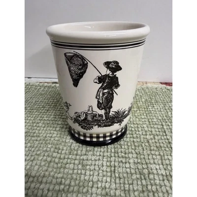 Waverly Toile Ceramic Toothbrush Holder Farmhouse Bathroom Cup Black White - Photo 1/4