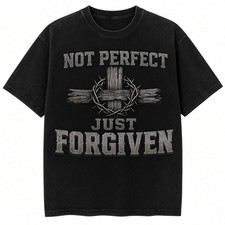 Not Perfect Just Forgiven Cross Crown Of Thorns Acid Wash Black T-Shirt Faith
