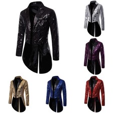 Mens Shiny Glitter Sequin Tailcoat Jacket Coat Nightclub Male Party Prom Costume