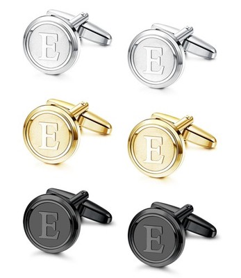 Initial Cufflinks 3 Pairs Mens Letter Set Silver Black 14K Gold Plated Box