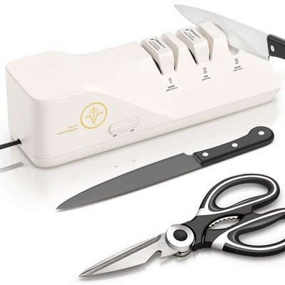Electric Knife Sharpener 3-Stage Diamond Abrasives Precision Angle Guide, Multi-