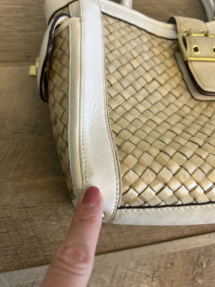 Bolso de Mano Coach Paja Cuero Blanco Borde Tejido Cesta Verano Hebilla Bloqueo Giratorio Foto 3 de 4