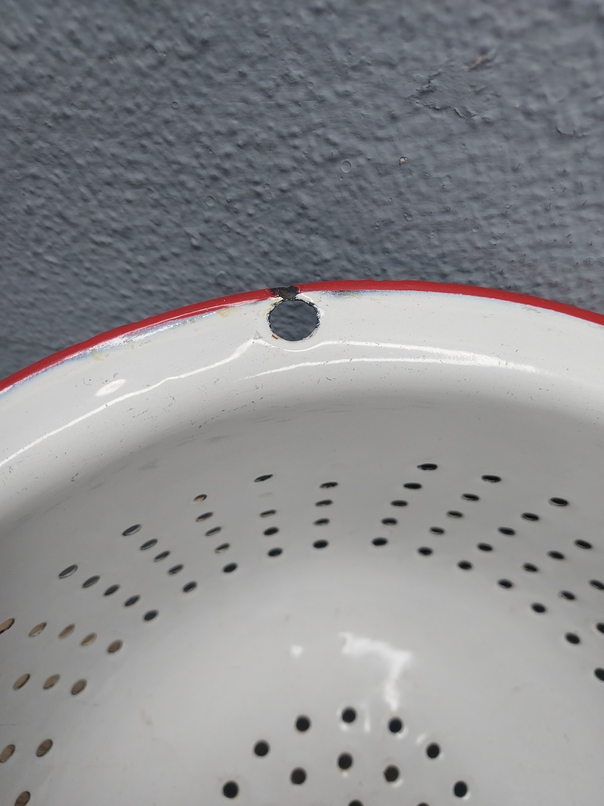 Vintage Enamelware Mixing Bowl Colander White Red Trim Strainer Cottage Kitchen