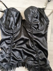 Ann Summers Black Satin & Diamonte Ruched & Frilled Corset Top Size 36C