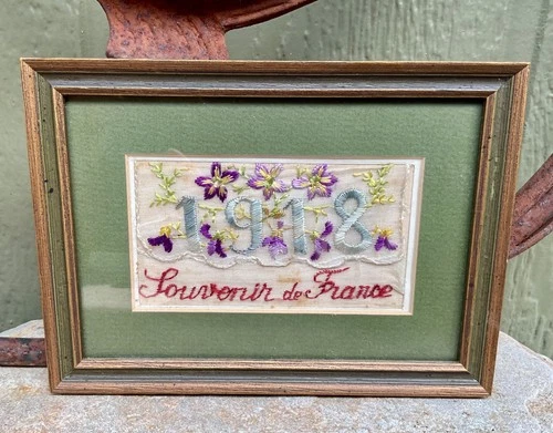 Antique WW1 Silk Embroidered Postcard "Souvenir From France" Framed ~ Provenance