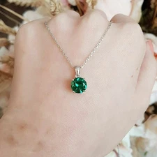 1CT Simulated Green Emerald Pendant Necklace With Chain 14k White Gold Plated