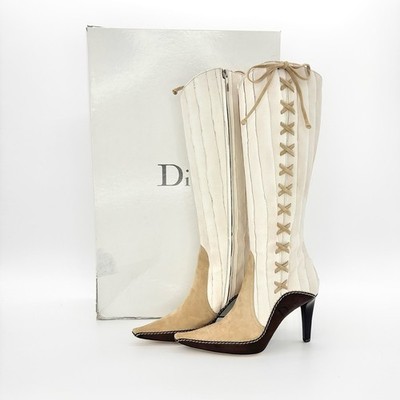 NIB Dior John Galliano F/W 2001 Lace Up Knee High Pointed Toe Cowboy Boots 37.5