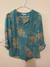 DR2 Teal Floral Blouse Women’s Size S