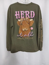 Simply Southern Womens Large L/Sleeve Olive Green Herd It All Highland Cow Shirt