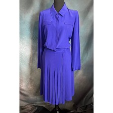 J. Peterman Royal Purple 100% Silk Pleated Pintuck Long Sleeve Dress Size 10