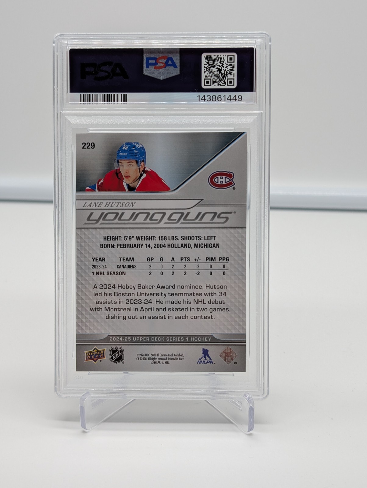 2024-25 Upper Deck Series 1 #229 Lane Hutson Young Guns PSA 9 MINT Rookie RC view 2