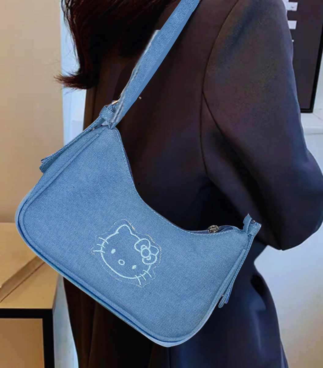 Hello Kitty Denim Shoulder Bag Trendy Y2K Purse Chic Casual Ladies