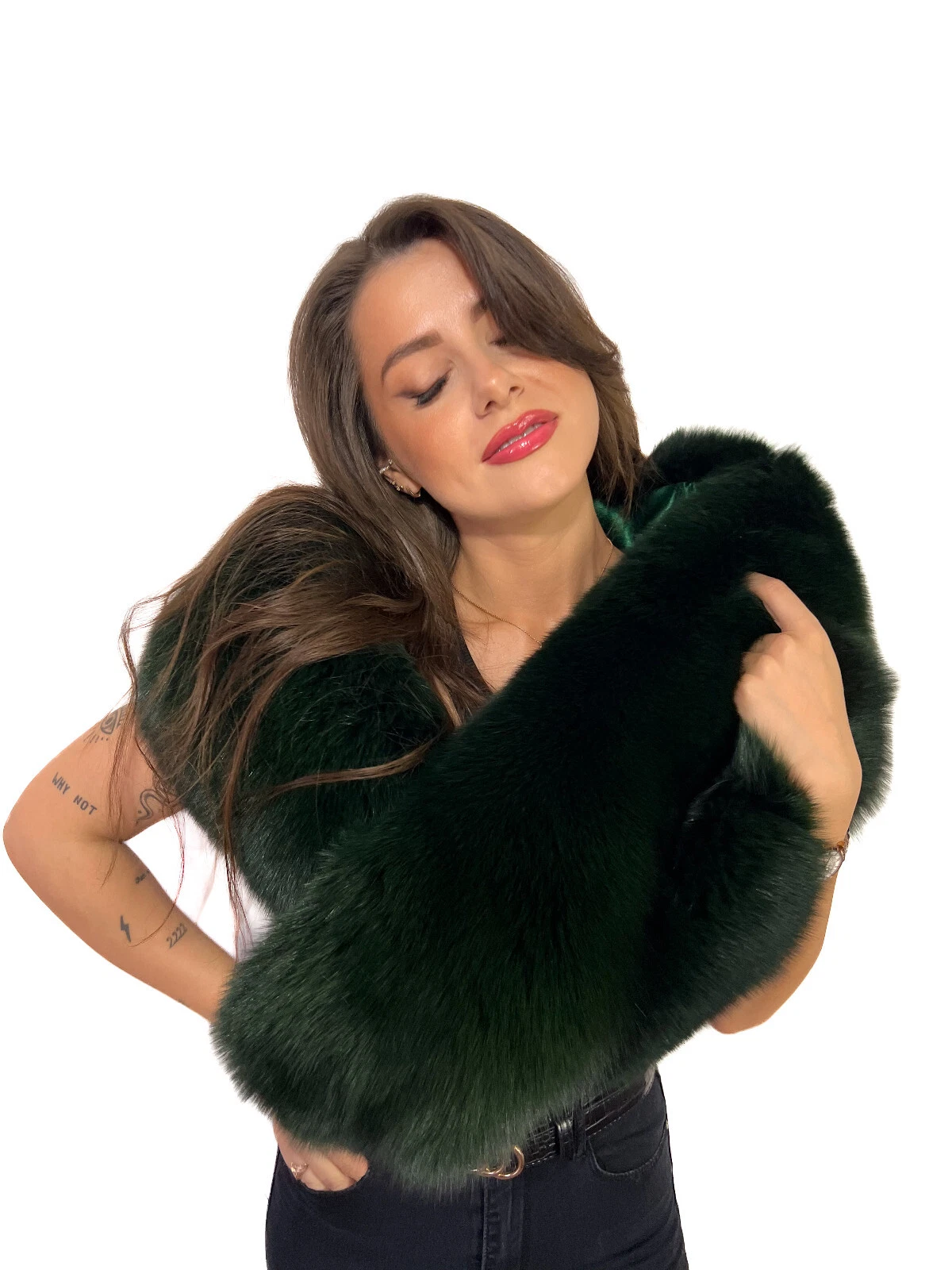 Finn Fox Fur Stole 67'' (170cm) Dark Green Fur Boa Saga Fur Big Scarf
