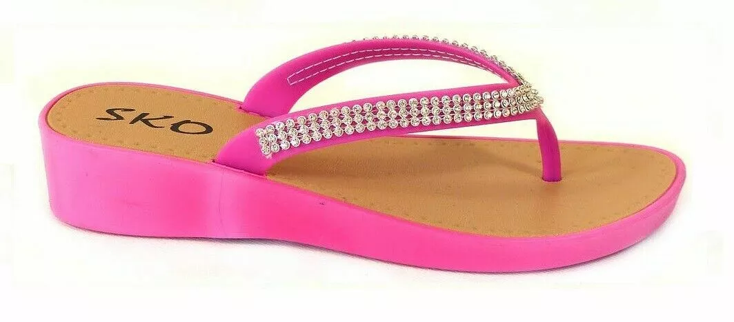 Wedge Heel Flops Sandals Diamante Sparkly Ladies Toe Post Shoes 3-9 | eBay