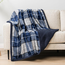 Blue Navy Plaid Sherpa Throw Blanket for Couch, Plush Flannel Fleece, Soft Fuzzy