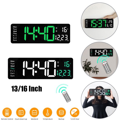13/16in LED Digital Wall Clock Temperature Date Day Display USB Remote ...